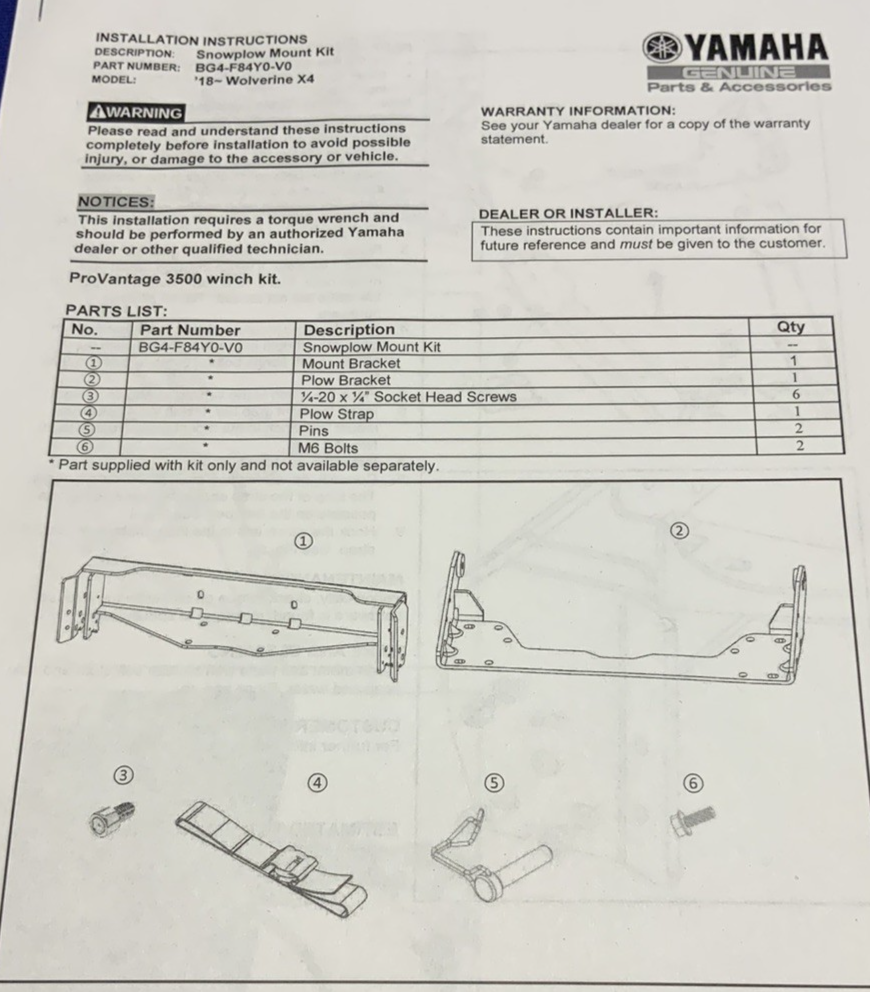 WARN Snow Plow Mount Kit Yamaha Wolverine X2/X4 2018-2019 OEM BG4-F84Y0-V0-00