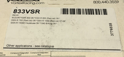 Vortex Racing Sintered Performance Brake Pads Rear GSXR 600/750 2006-2010 833VSR