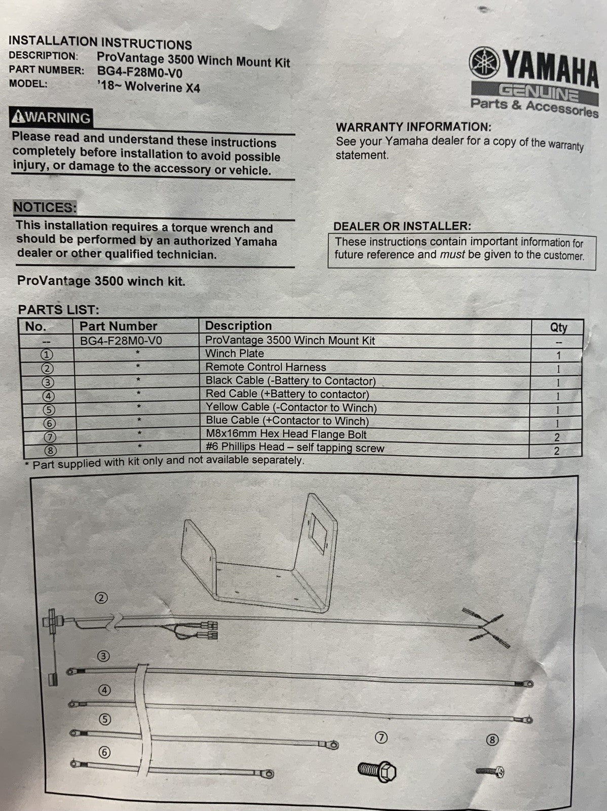 WARN Winch Mount Kit Yamaha Wolverine X4 2018-2019 OEM BG4-F28M0-V0-00