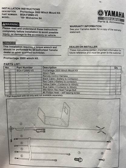 WARN Winch Mount Kit Yamaha Wolverine X4 2018-2019 OEM BG4-F28M0-V0-00
