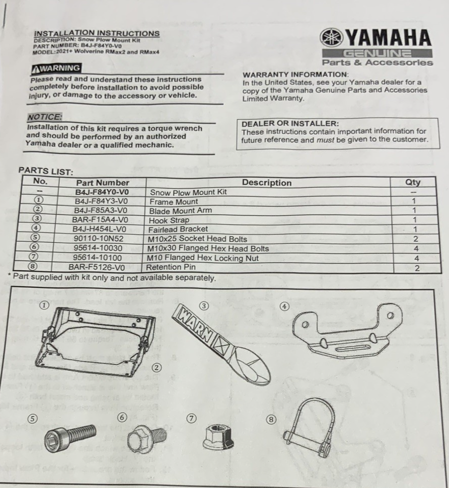 WARN Snow Plow Mount Yamaha Wolverine RMAX4 1000 XT-R 21-25 OEM B4J-F84Y0-V0-00