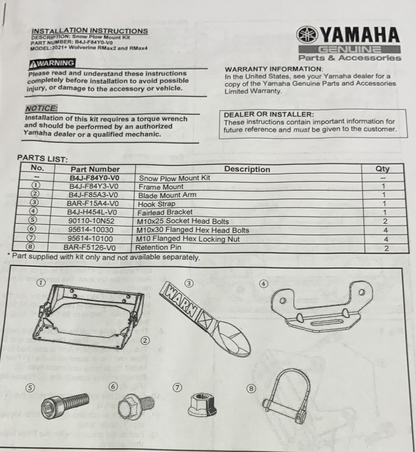 WARN Snow Plow Mount Yamaha Wolverine RMAX4 1000 XT-R 21-25 OEM B4J-F84Y0-V0-00