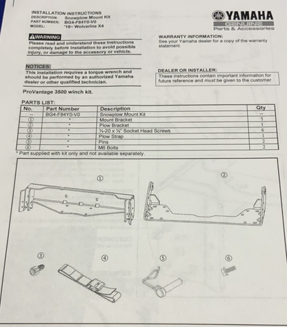 WARN Snow Plow Mount Kit Yamaha Wolverine X2/X4 2018-2019 OEM BG4-F84Y0-V0-00