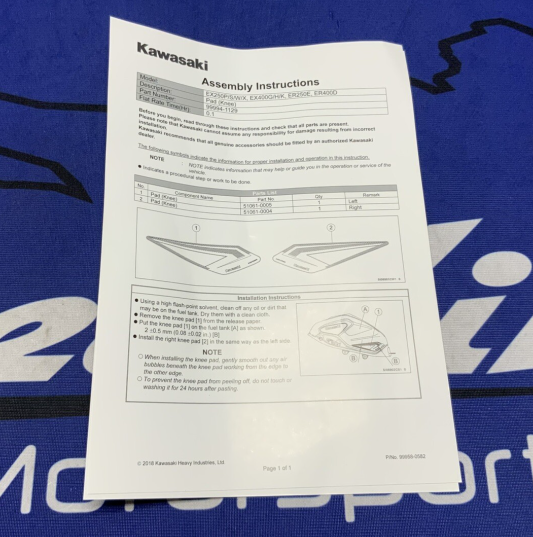 Kawasaki Knee Pad Set Ninja 400 2018-2023 OEM 99994-1129