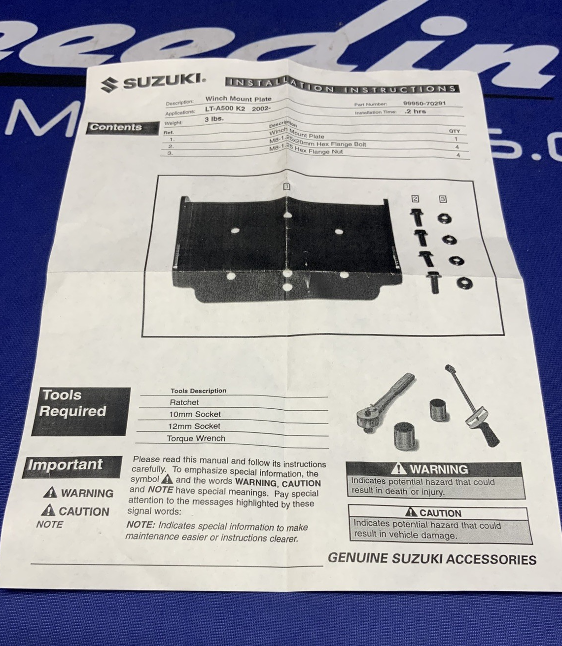 Suzuki Winch Mount Plate Kit KingQuad LT A500 2002 OEM 99950-70291