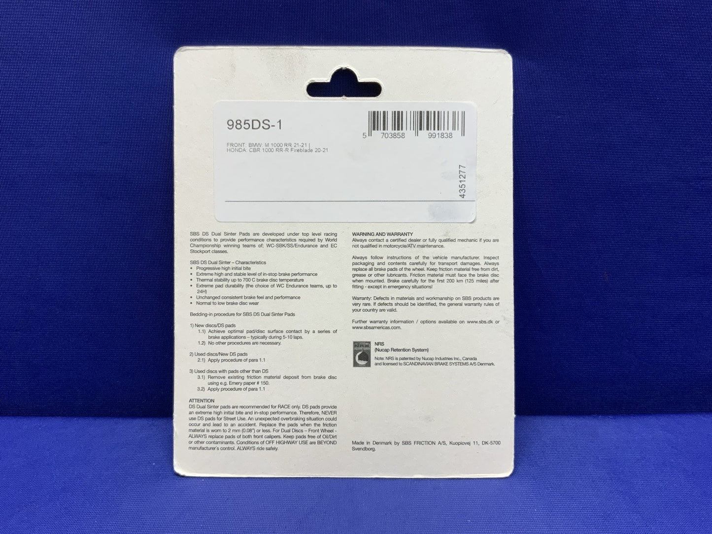 SBS Front Racing Brake Pads BMW M1000RR 2023-2026, S1000RR 2021-2026 985DS-1