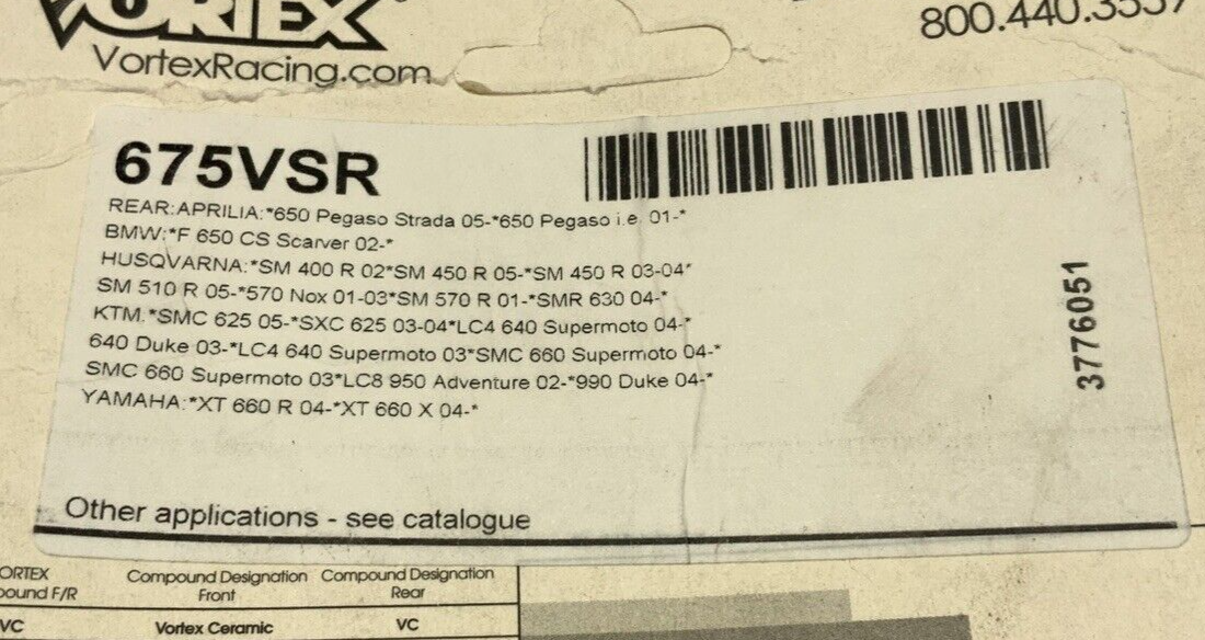 Vortex Racing Sintered Performance Brake Pads Rear S1000R 2014-2019 675VSR