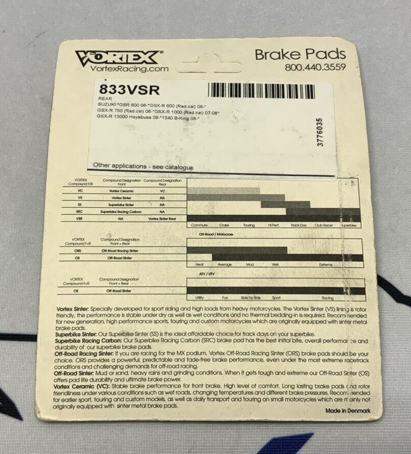 Vortex Racing Sintered Performance Brake Pads Rear GSXR 600/750 2006-2010 833VSR