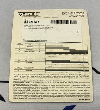 Vortex Racing Sintered Performance Brake Pads Rear GSXR 600/750 2006-2010 833VSR