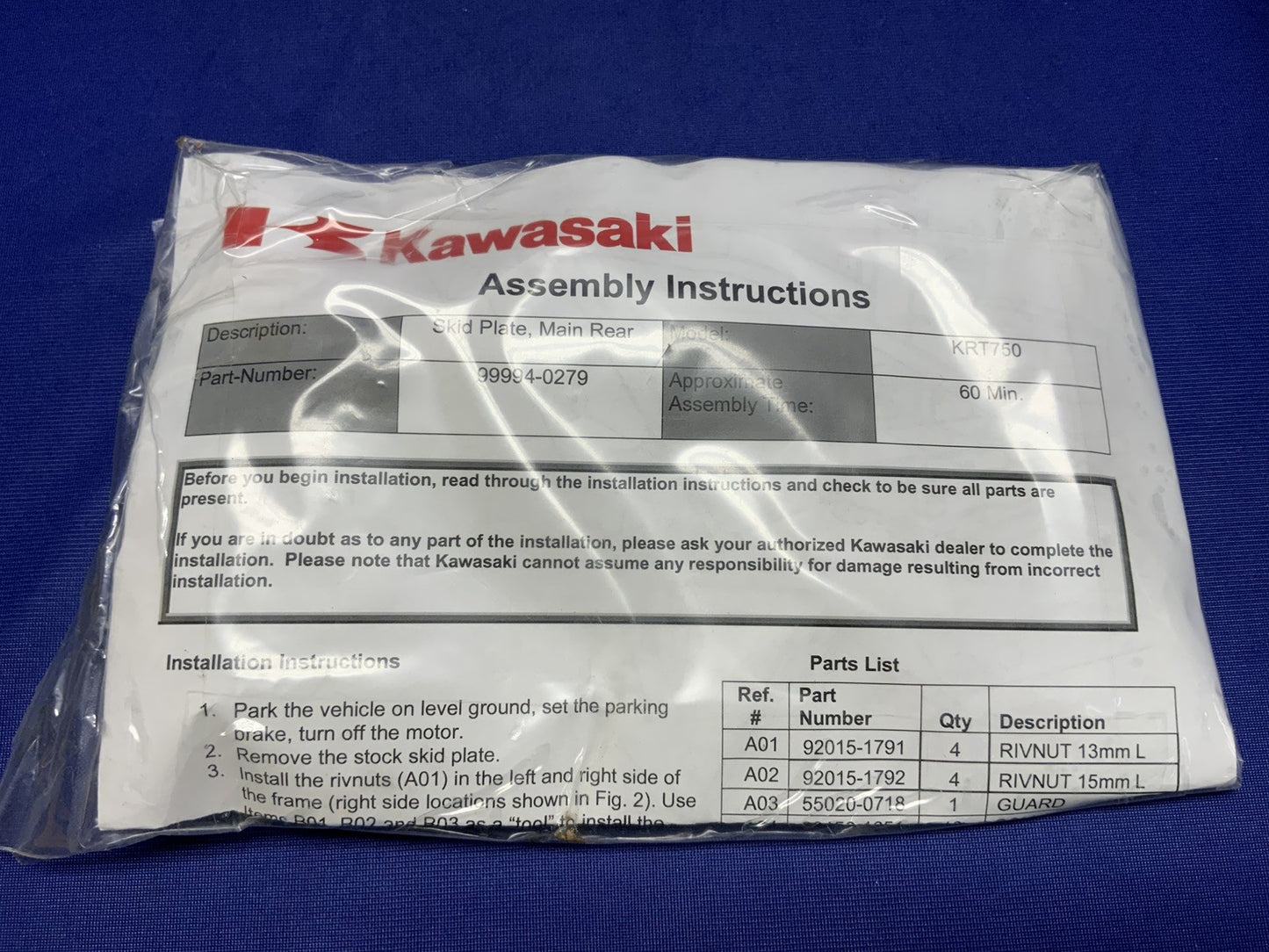 Kawasaki Rear Skid Plate KRT750 Teryx 4x4 EPS 2012-2013 OEM 99994-0279