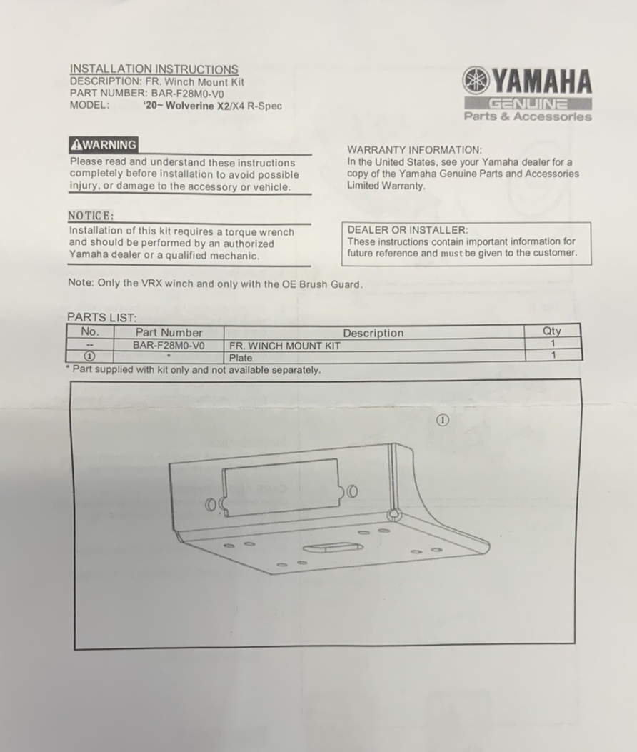 WARN Front Winch Mount Kit Yamaha YXF85 Wolverine X4 21-22 OEM BAR-F28M0-V0-00