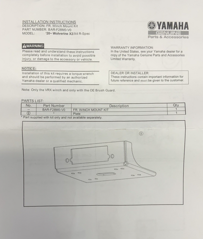 WARN Front Winch Mount Kit Yamaha YXF85 Wolverine X4 21-22 OEM BAR-F28M0-V0-00
